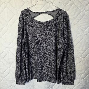 LOFT Gray and Black Floral Jacquard Cutout Back Blouse Size XL